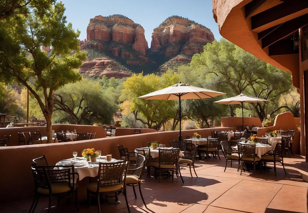 Real outdoor restaurant patio in Sedona with red rock views