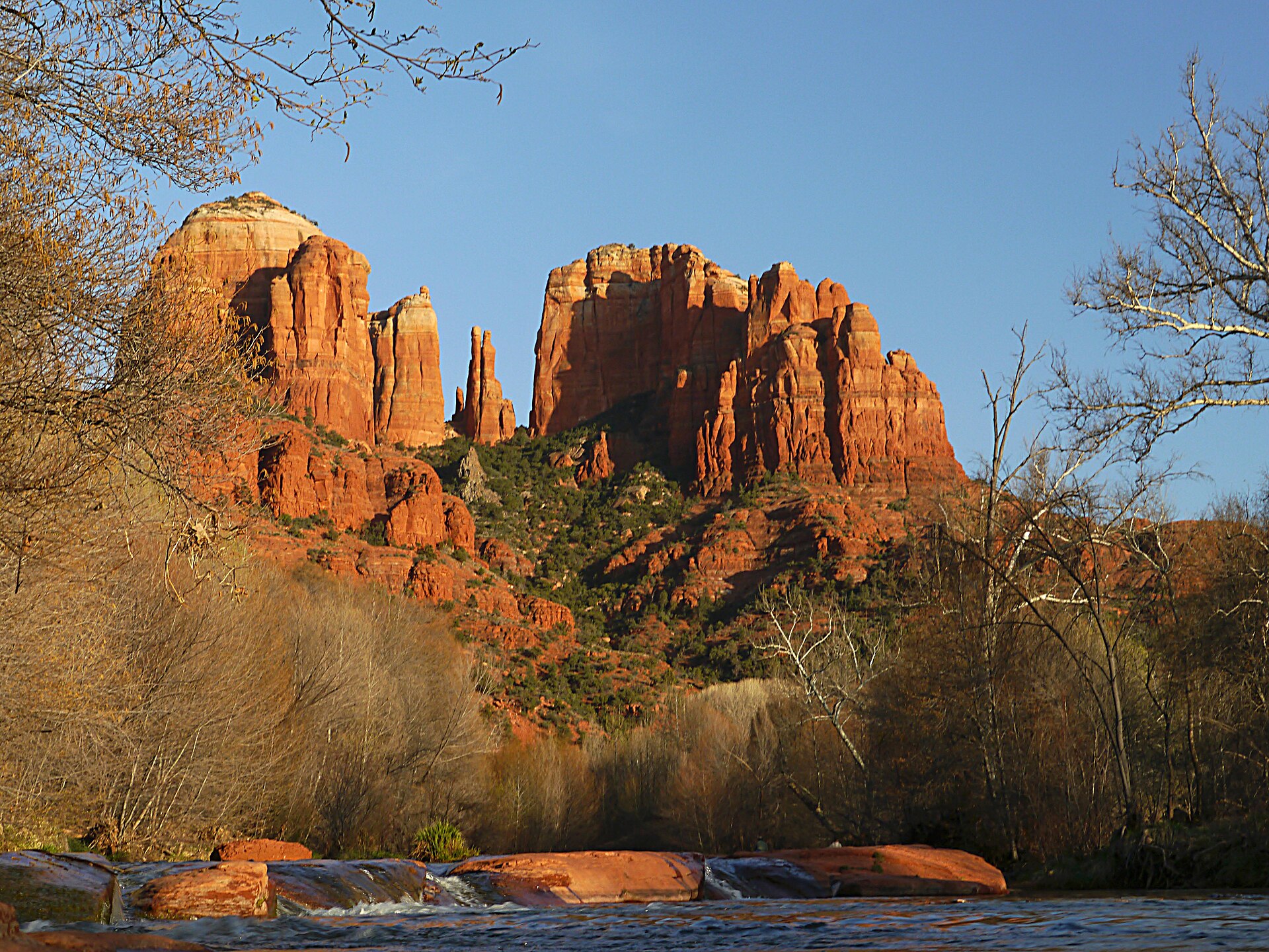 Red sandstone formations and hiking terrain near Cathedral Rock in Sedona Arizona