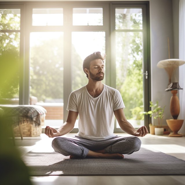 man in grey sweatpants in meditative position