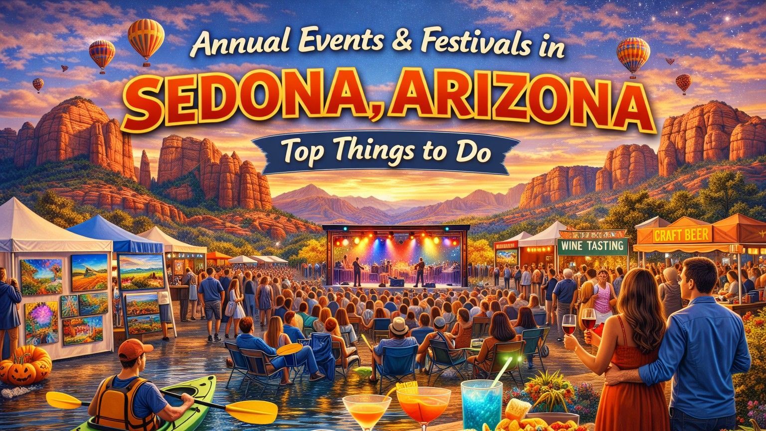 Sedona outdoor festival with tents and red rock scenery