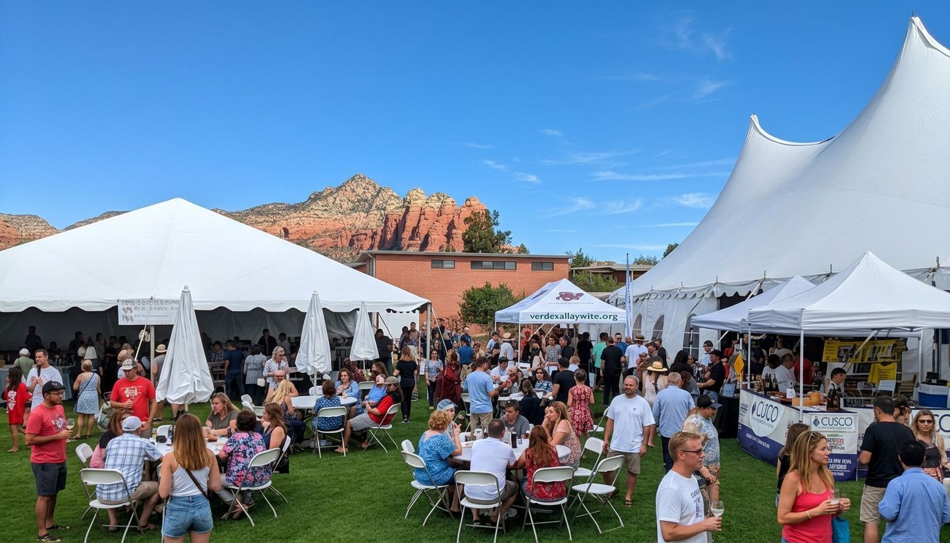 Community event in Sedona with tents and red rock views