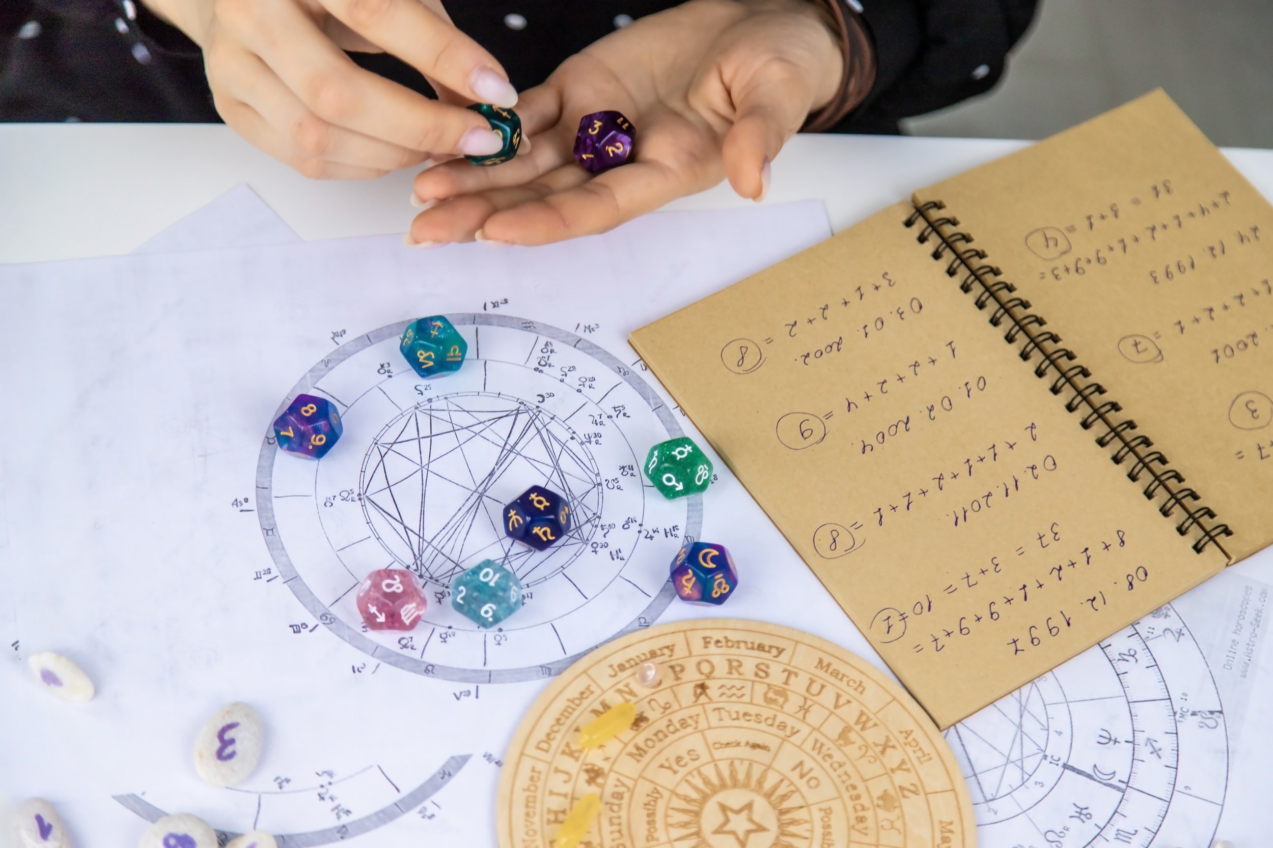book and diagrams are pictured on table. woman is assessing the numerology.